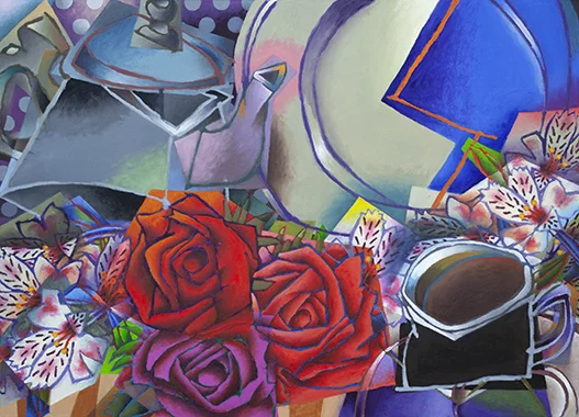 Still Life with Roses, Peruvian Lilies & Tea painting