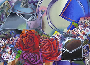 Still Life with Roses, Peruvian Lilies & Tea